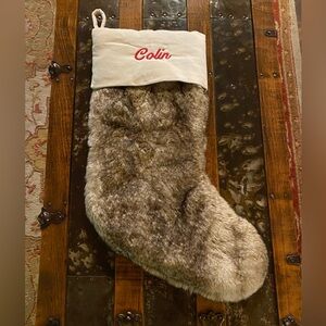 Pottery Barn Faux Fur Christmas Stocking with Red Embroidery